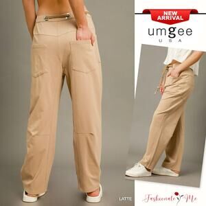 Umgee High Waist Adjustable Drawstring Casual Relaxed Fit Wide Leg Pants | Latte